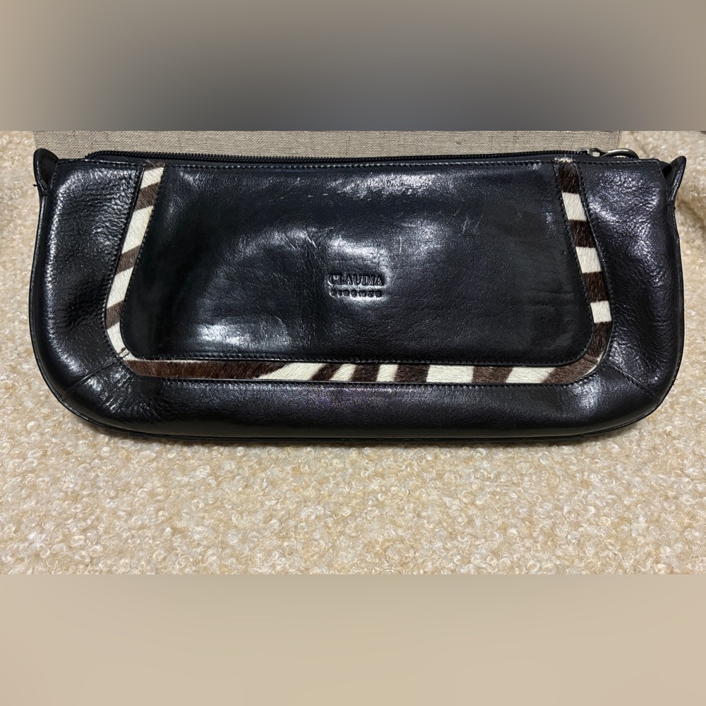 Vintage Claudia Firenze Black Leather Clutch with Zebra Accents